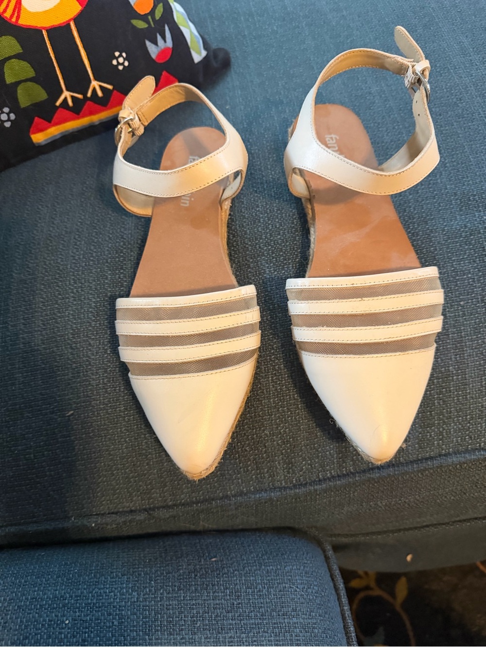 Women's Cream Pointed Ankle-Strap Flats with Stripe Detail